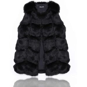 Edary Women Faux Fur Vest Black Vintage Warm Waistcoat Sleeveless Jacket (Large)